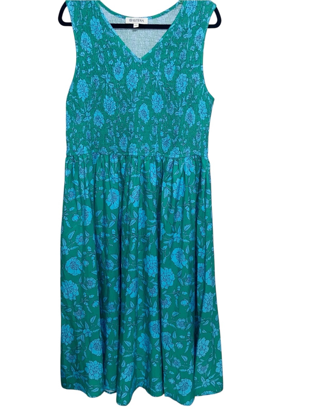 Ritera Dress Womens 2XL Floral Midi Pockets Smocked Top Sleeveless Coastal Blue
